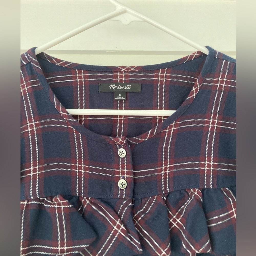 Madewell | Navy Plaid Ruffle Yoke Flannel Shirt Size Medium - Picture 6 of 7